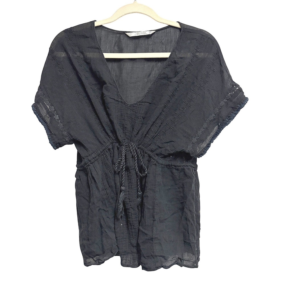 Zara Trafaluc Boho Embroidered Tassel Black Peplum Top Lace Trim Sheer Large